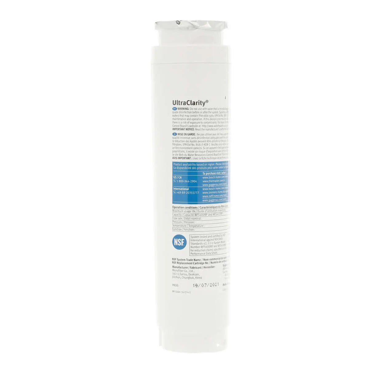 11034152 Bosch UltraClarity Refrigerator Water Filter, BORPLFTR10, RA450010, REPLFLTR10 Bosch