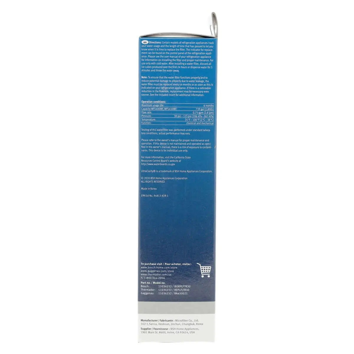 11034152 Bosch UltraClarity Refrigerator Water Filter, BORPLFTR10, RA450010, REPLFLTR10 Bosch